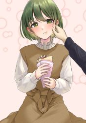 Rule 34 | 1girl, 1other, annoyed, arms up, baggy clothes, blush, bob cut, bow, brown dress, cheek pinching, collar, crepe, dark green hair, dress, dress bow, dress shirt, eating, food, frilled collar, frilled shirt, frilled shirt collar, frills, green eyes, green hair, hand on another&#039;s cheek, hand on another&#039;s face, hands up, highres, holding, holding food, idolmaster, idolmaster shiny colors, kaiso (kaisooekaki), long sleeves, nanakusa nichika, patterned background, pinching, shirt, short hair, simple background, sitting, sweat, sweatdrop, sweets, v arms, white shirt
