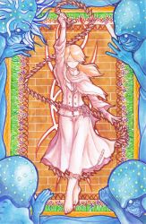 Rule 34 | 1girl, absurdres, arm up, art nouveau, barefoot, bloodborne, brick wall, brown hair, cane, capelet, cloak, crossed legs, closed eyes, flower, full body, gloves, grass, gride, highres, holding, holding cane, holding weapon, iosefka, jacket, crossed legs, long hair, painting (medium), ponytail, sigil, skirt, small celestial emissary, threaded cane, traditional media, watercolor (medium), watson cross, weapon, white gloves