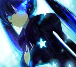 Rule 34 | 10s, 1girl, black rock shooter, black rock shooter (character), blue eyes, bra, breasts, female focus, glowing, glowing eye, gradient background, looking at viewer, solo, twintails, underwear, uno (colorbox), upper body, white background