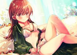Rule 34 | 1girl, blush, bra, breasts, brown eyes, brown hair, cleavage, collarbone, green neckwear, kantai collection, long hair, looking at viewer, lying, medium breasts, midriff, nanahamu, navel, unworn neckerchief, on back, on bed, ooi (kancolle), open clothes, open shirt, panties, pillow, shirt, skirt, unworn skirt, smile, solo, stomach, thighs, underwear