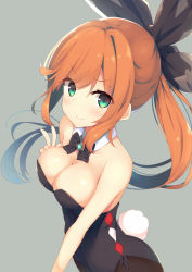 Rule 34 | 1girl, animal ears, aqua eyes, bare shoulders, black leotard, breasts, rabbit ears, rabbit tail, clarisse (granblue fantasy), cleavage, commentary request, covered navel, detached collar, fake animal ears, granblue fantasy, green eyes, hair ribbon, highres, leotard, long hair, looking at viewer, medium breasts, megarisu, orange hair, pantyhose, playboy bunny, ponytail, ribbon, sleeveless, solo, strapless, strapless leotard, tail, wrist cuffs
