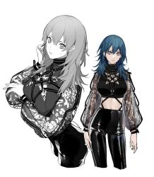 Rule 34 | 1girl, alternate costume, black pants, black shirt, blouse, blue eyes, blue hair, breast hold, breasts, byleth (female) (fire emblem), byleth (fire emblem), closed mouth, clovisxvii, commentary, contrapposto, cowboy shot, crop top, expressionless, fire emblem, fire emblem: three houses, greyscale, hair between eyes, highres, large breasts, leather, leather pants, lips, long hair, long sleeves, looking at viewer, midriff, monochrome, multiple views, navel, nintendo, o-ring, o-ring top, pants, partially colored, see-through, see-through sleeves, shiny clothes, shirt, simple background, strap, sweatdrop, turtleneck, white background