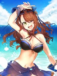 Rule 34 | 1girl, arm up, armpits, artist request, asymmetrical bangs, beatrix (granblue fantasy), breasts, brown hair, cleavage, eyewear on head, granblue fantasy, green eyes, highres, large breasts, navel, one eye closed, open mouth, ponytail, solo, sunglasses, swimsuit