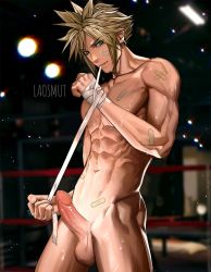 Rule 34 | 1boy, bandages, blonde hair, blue eyes, cloud strife, cum, erection, final fantasy, highres, laovaan, male focus, nude, penis, solo, testicles, undressing