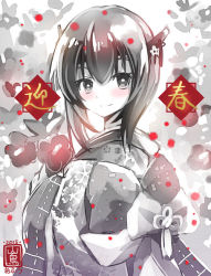 Rule 34 | 10s, 1girl, 2015, blush, hair between eyes, headband, japanese clothes, kantai collection, kimono, looking at viewer, monochrome, new year, red theme, short hair, silver hair, smile, solo, spot color, taihou (kancolle), translation request, yamadori ofuu