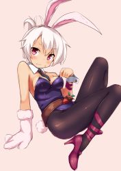 Rule 34 | 1girl, animal ears, animal hands, bare shoulders, battle bunny riven, belt, black pantyhose, blush, breasts, cleavage, detached collar, fake animal ears, folded ponytail, gloves, high heels, league of legends, leotard, looking at viewer, medium breasts, mokoke, necktie, pantyhose, paw gloves, pink heels, playboy bunny, rabbit ears, red eyes, riven (league of legends), short hair, single glove, solo, white hair, wrist cuffs