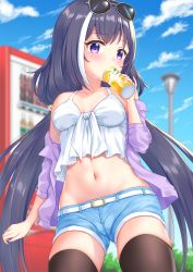Rule 34 | 1girl, ayase-mio, bare shoulders, black hair, black thighhighs, blouse, blue eyes, blue shorts, blue sky, blurry, blurry background, blush, breasts, building, cameltoe, can, collarbone, commentary request, cowboy shot, day, depth of field, drinking, eyewear on head, highres, holding, holding can, jacket, karyl (princess connect!), karyl (real) (princess connect!), lamppost, long hair, looking at viewer, medium breasts, multicolored hair, navel, off-shoulder jacket, off shoulder, outdoors, princess connect!, purple jacket, shirt, short shorts, shorts, sky, sleeveless, sleeveless shirt, solo, standing, stomach, streaked hair, sunglasses on head, tank top, thighhighs, twintails, very long hair, white hair, white shirt