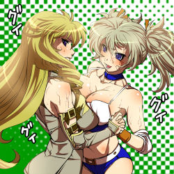 Rule 34 | 2girls, bandaid, bikini, blonde hair, breast fight, breast press, breasts, catfight, choker, cleavage, drill hair, elbow pads, fighting, fuuta, multiple girls, oil, purple eyes, short twintails, shorts, spiral, playing sports, sweat, swimsuit, symmetrical docking, twintails, wrestle angels, wrestling, yuri