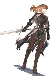 Rule 34 | 1girl, belt, boots, breasts, brown hair, commentary, full body, gauntlets, gloves, highres, holding, holding sword, holding weapon, jacket, jun (navigavi), long sword, auyn awinaz (navigavi), medium hair, original, solo, sword, symbol-only commentary, thigh boots, thighhighs, weapon, white background