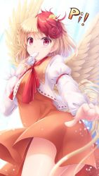 Rule 34 | 1girl, animal, animal on head, arm belt, bird, bird on head, blonde hair, chick, commentary request, dress, feathered wings, highres, long sleeves, looking at viewer, lzh, medium hair, multicolored hair, niwatari kutaka, on head, orange dress, pointing, pointing at viewer, red eyes, red hair, red neckwear, shirt, solo, tail, touhou, two-tone hair, whistle, white shirt, wings, yellow wings