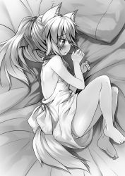 Rule 34 | 1girl, animal ears, backless dress, backless outfit, barefoot, dog ears, dog tail, dress, fetal position, greyscale, hair ribbon, long hair, lying, monochrome, on bed, on side, original, pillow, ponytail, ribbon, sad, solo, tail, tears, toba hiyoko