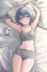 Rule 34 | 1girl, airpods, arms up, blue eyes, blue hair, blue nails, bra strap, breasts, buruma, camisole, cellphone, dolphin shorts, envyvanity, fake phone screenshot, fake screenshot, grey camisole, gyari (imagesdawn) (style), highres, hololive, hoshimachi suisei, lying, navel, official alternate hair length, official alternate hairstyle, on back, parted lips, phone, pillow, short hair, short shorts, shorts, small breasts, smartphone, solo, star (symbol), star in eye, stomach, symbol in eye, thighs, virtual youtuber, wireless earphones