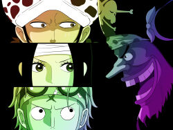 Rule 34 | 1girl, 3boys, absurdres, bandaged head, bandages, bandana, beard, black hair, boa hancock, column lineup, earrings, evil smile, eyelashes, facial hair, forked eyebrows, fur hat, hat, headband, highres, jewelry, koby (one piece), long hair, long nose, looking at another, lotus2099, marshall d. teach, missing tooth, mixed-language commentary, multiple boys, one piece, open mouth, pirate, pirate hat, short hair, skull and crossbones, smile, sweat, trafalgar law, v-shaped eyebrows