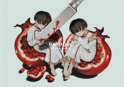 Rule 34 | 2boys, absurdres, barefoot, baroque (series), brothers, brown eyes, brown hair, child, closed eyes, copyright name, crossed arms, english text, food, fruit, full body, highres, knife, looking at viewer, male focus, mop (shirokumaiceumaiyo), multiple boys, pomegranate, protagonist (baroque), shadow, short hair, siblings, twins, white background