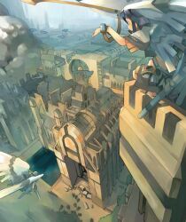 Rule 34 | 2others, akitsu taira, artificial wings, cityscape, fantasy, flying, looking down, multiple others, on rooftop, original, outdoors, people, perspective, squatting