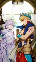 Rule 34 | 2boys, arch, blonde hair, cloak, commentary, craft essence (fate), crossed arms, doorway, fate/grand order, fate (series), gauntlets, gilgamesh (fate), gilgamesh (caster) (fate), hamatomo rie, light purple hair, looking at viewer, looking back, merlin (fate), multiple boys, official art, purple eyes, red eyes, shoulder tattoo, staff, tattoo