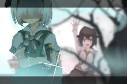 Rule 34 | 2girls, bad id, bad pixiv id, blurry, branch, brown eyes, brown hair, depth of field, faceless, ghostly field club, hair ribbon, konpaku youmu, letterboxed, light particles, multiple girls, necktie, ribbon, shaded face, short hair, silver hair, sparkle, sword, tokoroten (hmmuk), touhou, tree, usami renko, weapon
