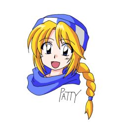 Rule 34 | 1girl, :d, bad id, bad pixiv id, blonde hair, blue eyes, braid, character name, female focus, fire emblem, fire emblem: genealogy of the holy war, hat, horus (artist), nintendo, open mouth, patty (fire emblem), ponytail, scarf, simple background, single braid, smile, solo, white background