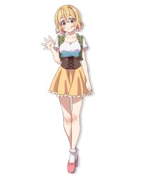 1girl arm_at_side artist_request blonde_hair blue_eyes blush breasts closed_mouth collarbone crossed_bangs hair_between_eyes hand_up kanojo_okarishimasu looking_at_viewer nanami_mami official_art red_footwear shirt short_hair short_sleeves simple_background skirt smile solo standing tachi-e transparent_background waving white_shirt yellow_skirt