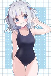 1girl absurdres black_one-piece_swimsuit blue_background blue_eyes covered_navel curled_fingers flat_chest gawr_gura gluteal_fold grey_hair grid_background grin hair_ornament highres hololive hololive_english medium_hair multicolored_hair new_school_swimsuit no_tail odorukaminoke one-piece_swimsuit school_swimsuit school_uniform shark_hair_ornament smile solo streaked_hair swimsuit two-tone_background virtual_youtuber