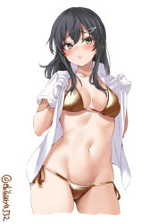 Rule 34 | 1girl, bikini, black hair, blouse, blush, breasts, collarbone, collared shirt, commentary request, cowboy shot, cropped legs, dress shirt, ebifurya, gloves, gold bikini, hair between eyes, hair ornament, hairclip, highres, kantai collection, long hair, looking at viewer, medium breasts, navel, one-hour drawing challenge, open clothes, open shirt, oyashio (kancolle), raised eyebrows, shirt, short sleeves, side-tie bikini bottom, simple background, solo, stomach, swimsuit, twitter username, white background, white gloves, white shirt, wing collar, yellow eyes