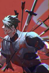 Rule 34 | 1boy, absurdres, achilles (fate), amor, arrow (projectile), black shirt, blood, blood on clothes, blood on face, bloody weapon, fate/apocrypha, fate (series), green hair, grin, hair over eyes, haruakira, highres, impaled, injury, male focus, mature male, red background, red sash, sash, shirt, short hair, simple background, smile, solo, sword, weapon