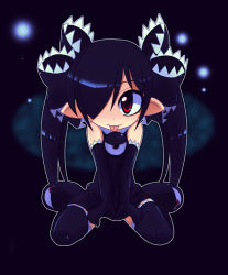 Rule 34 | 1girl, backbeako (torotei), backbeard, black hair, dark, elbow gloves, flat chest, gegege no kitarou, gloves, hair over one eye, kono lolicon domome, original, pointy ears, red eyes, solo, thighhighs, toei animation, tongue, torotei, twintails