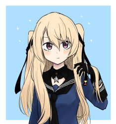 Rule 34 | 1girl, black gloves, black neckerchief, blonde hair, blue background, blue shirt, blush, closed mouth, commentary, gloves, hair between eyes, hair ornament, hair ribbon, hand up, johnston (kancolle), kantai collection, long hair, looking at viewer, neckerchief, purple eyes, ribbon, sailor collar, school uniform, serafuku, shirt, solo, spica1476, standing, star (symbol), twintails, two side up