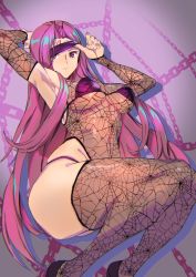 Rule 34 | 1girl, armpits, ashiomi masato, blindfold, blindfold lift, bra, breasts, closed mouth, facial mark, fate/grand order, fate/stay night, fate (series), fishnet thighhighs, fishnets, forehead mark, long hair, looking at viewer, medusa (fate), medusa (rider) (fate), purple eyes, purple hair, solo, spider web print, thighhighs, thong, underwear, very long hair