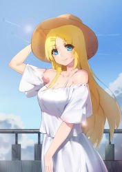 Rule 34 | 1girl, absurdres, aircraft, airplane, bare shoulders, blonde hair, blue eyes, breasts, cleavage, contrail, day, hair ornament, hairclip, hand on headwear, hat, highres, large breasts, lens flare, long hair, looking at viewer, off-shoulder shirt, outdoors, railing, saratoga (warship girls r), shirt, skirt, sky, smile, solo, straw hat, sun hat, very long hair, warship girls r, white shirt, white skirt, ze (wzfnn001)