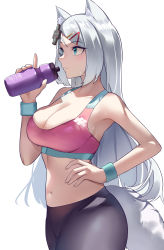 Rule 34 | 1girl, absurdres, animal ear fluff, animal ears, black pants, blue eyes, bottle, breasts, cleavage, closed mouth, cowgirl position, crop top, donggua bing cha, from side, hair ornament, hairclip, highres, holding, holding bottle, indie virtual youtuber, large breasts, long hair, looking away, mizuki (vtuber), navel, pants, parted bangs, pink sports bra, silver hair, simple background, solo, sports bra, squeeze bottle, stomach, straddling, tail, very long hair, virtual youtuber, white background, wristband
