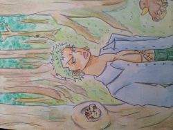 Rule 34 | 1boy, absurdres, chipmunk, forest, green hair, highres, male focus, nature, one piece, roronoa zoro, sideways, solo, traditional media, tree