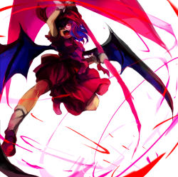 Rule 34 | 1girl, bat wings, blue hair, female focus, gungnir (weapon), holding, holding weapon, looking at viewer, open mouth, polearm, red eyes, remilia scarlet, solo, spear, spear the gungnir, toriko (hatoriko), touhou, weapon, wings