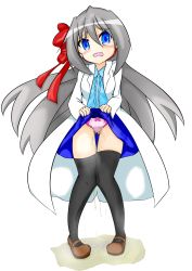 Rule 34 | 1girl, black thighhighs, blue eyes, blue shirt, blue skirt, blush, bow, bow panties, brown footwear, clothes lift, coat, daifuku (daifuku kosiann), embarrassed, female focus, full body, gluteal fold, grey hair, hair between eyes, hair bow, highres, knees together feet apart, lifting own clothes, long hair, long sleeves, looking at viewer, open mouth, original, panties, peeing, peeing self, pigeon-toed, pink panties, puddle, red bow, shirt, shoes, simple background, skirt, skirt lift, solo, standing, steam, tears, thigh gap, thighhighs, underwear, wet, wet clothes, wet panties, white background, white coat