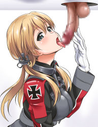 Rule 34 | 1boy, 1girl, anchor hair ornament, black eyes, blonde hair, blush, breasts, censored, cross, erection, fellatio, from side, glory hole, gloves, hair between eyes, hair ornament, hetero, iron cross, kantai collection, large breasts, long hair, long sleeves, low twintails, mosaic censoring, open mouth, oral, penis, prinz eugen (kancolle), shirt, testicles, tongue, tongue out, twintails, white background, white gloves, youkan