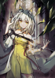 1girl absurdres animal_ear_fluff animal_ears arknights bare_shoulders black_choker cat_ears cat_girl choker collarbone dress green_dress green_eyes green_hair highres holding holding_syringe k_futoshi_0n0 kal&#039;tsit_(arknights) long_hair material_growth off_shoulder oripathy_lesion_(arknights) see-through_clothes solo syringe