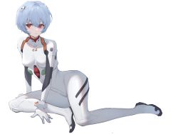 Rule 34 | 1girl, arm support, ayami (user gywv2483), ayanami rei, blue hair, bodysuit, breasts, closed mouth, commentary request, covered collarbone, full body, highres, interface headset, looking at viewer, medium breasts, neon genesis evangelion, plugsuit, red eyes, short hair, simple background, sitting, skin tight, smile, solo, white background, white bodysuit