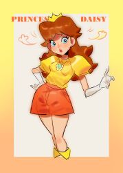 Rule 34 | 1girl, arms up, blue eyes, breasts, brown hair, character name, crown, gloves, hand on own hip, hand up, highres, legs, mario (series), mario kart, mario kart tour, mario tennis, nintendo, princess daisy, puffy short sleeves, puffy sleeves, short sleeves, shorts, small breasts, solo, standing, tomboy