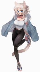 Rule 34 | 1girl, animal ear fluff, animal ears, bandaid, black choker, black pants, blouse, blue eyes, blue jacket, breasts, cat ears, cat girl, cat tail, choker, cleavage, drawstring, fang, full body, highres, jacket, large breasts, leg up, looking at viewer, mid (gameshe), midriff, midriff peek, off shoulder, open clothes, open jacket, open mouth, original, pants, shirt, shoes, short hair, short sleeves, silver hair, simple background, sneakers, solo, tail, taut clothes, taut shirt, white background, white shirt