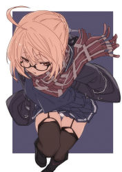 Rule 34 | 1girl, artoria pendragon (fate), black footwear, black thighhighs, blonde hair, blue background, boots, braid, breasts, brown eyes, commentary request, crown braid, fate/grand order, fate (series), fu-ta, glasses, hair between eyes, highres, jacket, legwear garter, looking at viewer, medium breasts, mysterious heroine x alter (first ascension) (fate), open clothes, open jacket, panties, parted lips, pleated skirt, red scarf, scarf, semi-rimless eyewear, skirt, solo, thighhighs, thighs, underwear, white panties