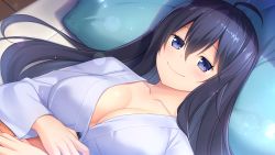 Rule 34 | 1girl, ahoge, blue eyes, blue hair, blush, boku no mirai wa koi to kakin to, breasts, cleavage, closed mouth, female focus, from above, futon, game cg, hair between eyes, hands up, highres, indoors, large breasts, light blush, long hair, looking at viewer, lying, mahara shiori, nironiro, original, smile, solo, upper body