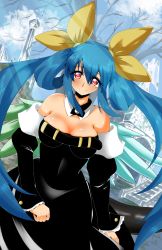 Rule 34 | 1girl, asymmetrical wings, bare shoulders, bed, belt, black dress, blue hair, blue mouse, blue sky, blush, branch, breasts, choker, cleavage, cloud, detached sleeves, dizzy (guilty gear), dress, grass, guilty gear, guilty gear x, hair between eyes, hair ribbon, hair rings, highres, large breasts, monster girl, pillar, red eyes, ribbon, sky, smile, solo, stairs, statue, tail, tree, twintails, wings, yellow ribbon