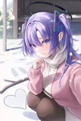 Rule 34 | 1girl, black pantyhose, blue archive, blue eyes, blush, breasts, closed mouth, day, halo, heart, highres, jacket, large breasts, long hair, long sleeves, looking at viewer, mechanical halo, melt (melt out1), open clothes, open jacket, outdoors, pantyhose, pink jacket, purple hair, shirt, snow, snowing, solo, squatting, two side up, white shirt, yuuka (blue archive)