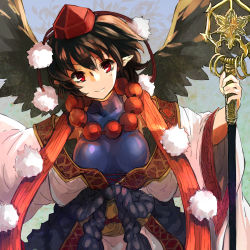 Rule 34 | 1girl, absurdres, alternate costume, black hair, black wings, breasts, closed mouth, cross-laced clothes, hat, highres, holding, japanese clothes, jewelry, large breasts, long sleeves, looking at viewer, nuqura, off shoulder, pointy ears, pom pom (clothes), red eyes, ring, rope, sash, shakujou, shameimaru aya, shirt, short hair, smile, solo, staff, tight clothes, tight shirt, tokin hat, touhou, turtleneck, upper body, wide sleeves, wings