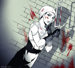 Rule 34 | 1boy, arm tattoo, black eyes, black hair, blood, blood on face, blood splatter, bloody weapon, chest tattoo, dress, dutch angle, foxvulpine, golden kamuy, hacksaw, holding, holding weapon, ienaga kano, index finger raised, lipstick, looking at viewer, makeup, male focus, mole, mole under mouth, saw, short hair, simple background, solo, tattoo, topless male, trap, weapon