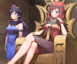 Rule 34 | 2girls, a1 (initial-g), arm rest, arms at sides, bangle, blue dress, bracelet, breasts, cleavage, closed mouth, crossed legs, dress, egyptian clothes, eyeshadow, flower, green eyes, hair flower, hair intakes, hair ornament, hair scrunchie, indoors, jewelry, long hair, love live!, love live! school idol project, low twintails, makeup, medium breasts, multiple girls, nishikino maki, purple eyes, purple flower, purple hair, red hair, scrunchie, sitting, sleeveless, sleeveless dress, standing, strapless, strapless dress, throne, tojo nozomi, twintails, usekh collar, very long hair