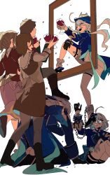 Rule 34 | 2boys, 4girls, :d, ^ ^, ahoge, alcohol, ankle cuffs, ascot, asymmetrical gloves, black footwear, black gloves, black pants, black shorts, blue ascot, blue coat, blue eyes, blue hair, blue hat, blue jacket, boots, brown hair, brown skirt, chain, closed eyes, coat, confetti, crying, crying with eyes open, cuffs, cup, drinking glass, dual persona, empty picture frame, faceless, facing away, foot on head, furina (genshin impact), genshin impact, gloves, green jacket, grey shirt, hair between eyes, hat, highres, holding, holding another&#039;s wrist, holding cup, jacket, jf32o, knee up, kneeling, long hair, long sleeves, looking at another, mismatched gloves, multicolored hair, multiple boys, multiple girls, neuvillette (genshin impact), open mouth, pants, parted lips, people, picture frame, pink skirt, ponytail, red jacket, shirt, shoe soles, shoes, short hair, shorts, simple background, sitting, skirt, sleeve cuffs, smile, standing, stepped on, streaked hair, tears, thigh strap, top hat, white gloves, white hair, white shorts, wine, wine glass