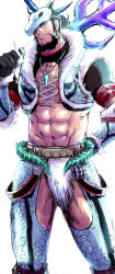 Rule 34 | 1boy, abs, alternate costume, animal skull, bara, beard, black hair, chest hair, clothing cutout, cross-laced clothes, cross-laced top, crotchless, crotchless pants, earrings, facial hair, feet out of frame, golden kamuy, hairy, highres, hoop earrings, horns, jewelry, kiroranke, looking at viewer, male focus, mature male, midriff, muscular, muscular male, navel, navel hair, necklace, nipples, over shoulder, pants, pectoral cleavage, pectorals, scales, short hair, single horn, solo, stomach, thigh cutout, thighs, weapon, weapon over shoulder, zazuzamushi