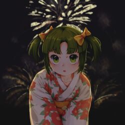 1girl absurdres aerial_fireworks ama_kaijin blurry blurry_background bow collarbone curtained_hair elona fireworks floral_print floral_print_kimono green_eyes green_hair hair_bow highres japanese_clothes kimono night night_sky obi open_mouth orange_sash outdoors putit sash short_hair short_twintails sky solo twintails white_kimono yellow_bow younger_sister_(elona)