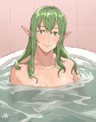 Rule 34 | 1girl, alternate hairstyle, bath, bathing, bathtub, blush, closed mouth, collarbone, commentary, completely nude, english commentary, fire emblem, fire emblem awakening, green eyes, green hair, hair between eyes, in water, indoors, lips, long hair, looking at viewer, nintendo, nude, partially submerged, pink lips, pointy ears, sakuremi, signature, smile, solo, tiki (adult) (fire emblem), tiki (fire emblem), upper body, water, wet, wet hair